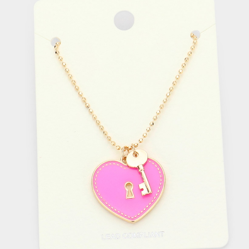 Pink Heart Lock & Gold Key Pendant Necklace Cute Charm Chain Statement Jewelry